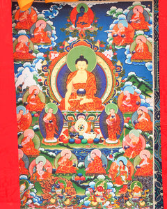 Buddha and 16 Arhats Silk Thangka