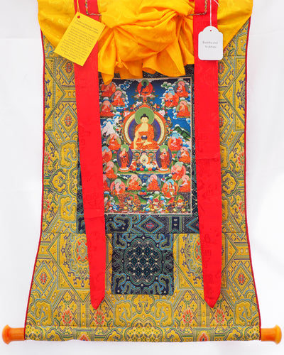 Buddha and 16 Arhats Silk Thangka