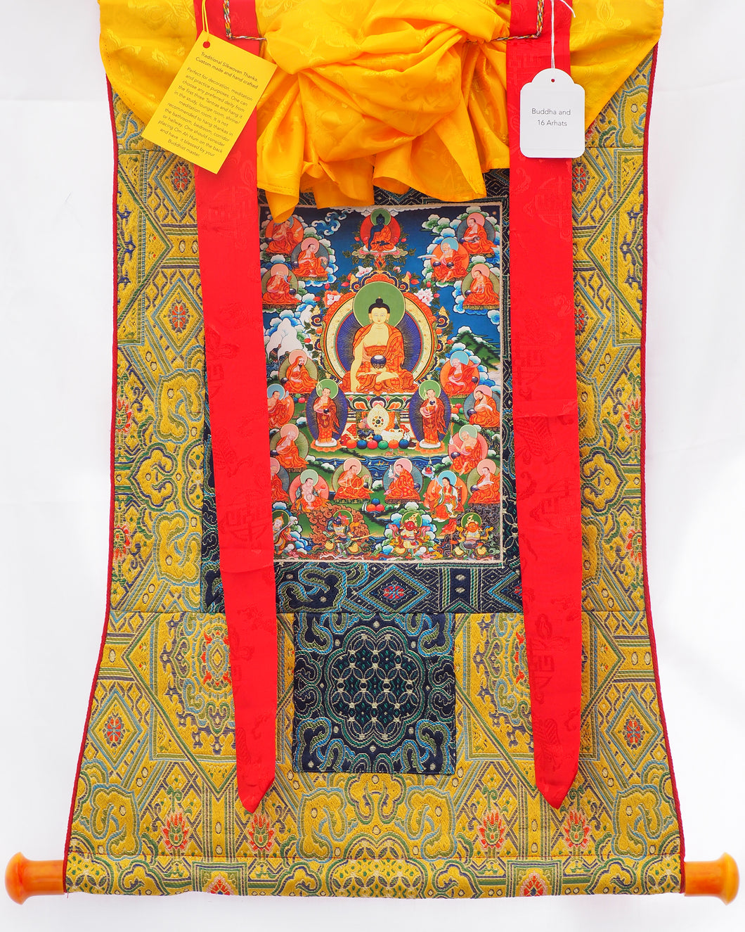 Buddha and 16 Arhats Silk Thangka