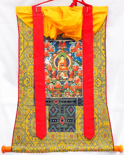 Buddha and 16 Arhats Silk Thangka