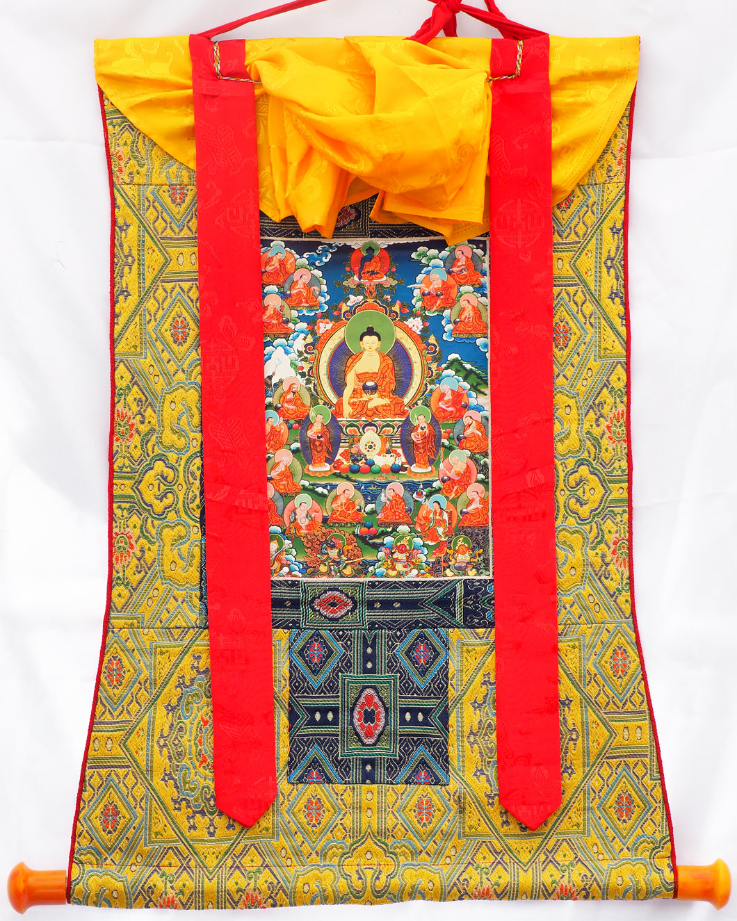 Buddha and 16 Arhats Silk Thangka